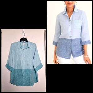 Chico's linen no iron turquoise color block lightweight button front top sz 10